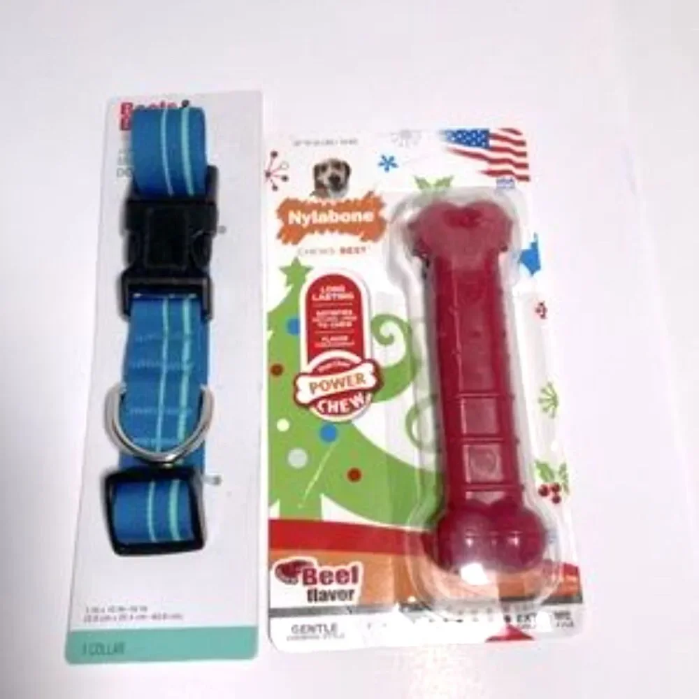 Dog Collar Blue with Teal Stripes by Boots & Barkley Medium and Red Nylabone NEW